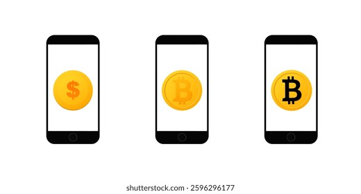 Three smartphones displaying dollar and bitcoin symbols, illustrating digital currency themes.
