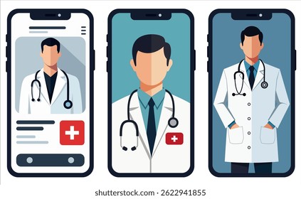 Smartphones exibindo médicos com estetoscópios e símbolos médicos, representando serviços de saúde digitais em design minimalista azul e branco.