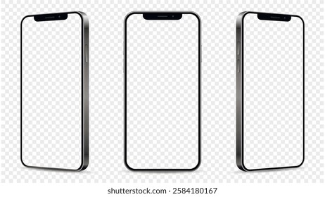 Three smartphones with empty transparent screens. Mobile phone isolated on transparent background