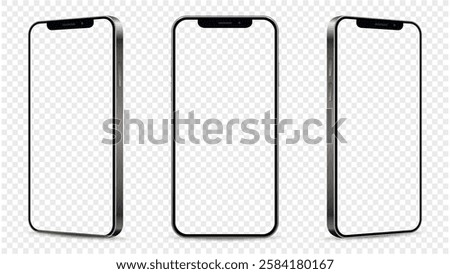 Three smartphones with empty transparent screens. Mobile phone isolated on transparent background
