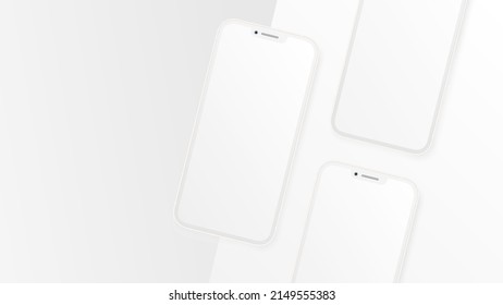 Three Smartphones. Front View. Total White Mockup. Vector illustration