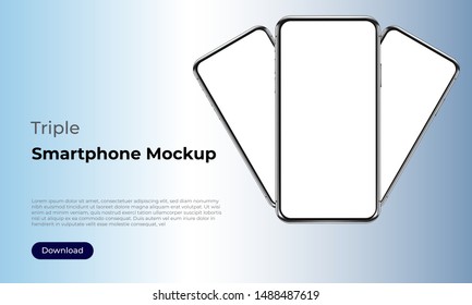 Three smartphones mockup template for user experience presentations for websites, landing pages and applications. Realistic fashion detailed design. 