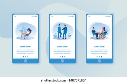 Three Smartphones on Blue Background with Different Images. Print Image. Coworking Center. Woman in Headphones in Chair. Vector Illustration. Workflow in Office. Men Greet. Man and Woman at Table.