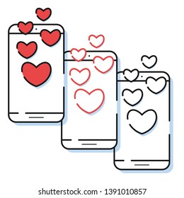 Three smartphones with red flying hearts in simple line style. Outline cell phone vector icons for app and web design. Valentines day romantic greeting.