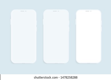 Three smartphones vector mockup. Trendy clay mobile phones template with blank screen for design app.