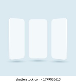 Three smartphones vector mockup. Trendy clay mobile phones template with blank screen for design app.