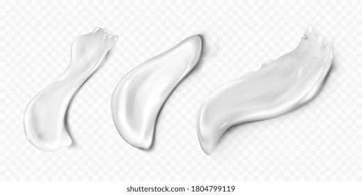 Three smears of white cosmetic creams in different shapes over a transparent background, colored vector illustration