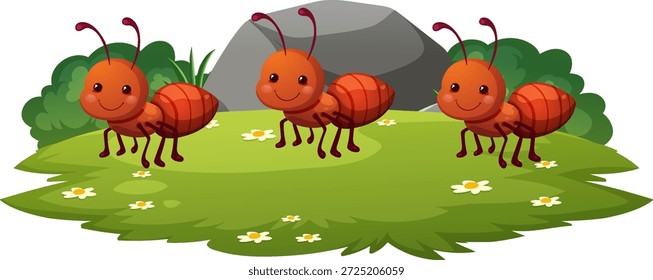Drei lächelnde Ameisen stehen auf grünem Gras mit Blumen, Cartoon-Vektorstil, helle Farben
