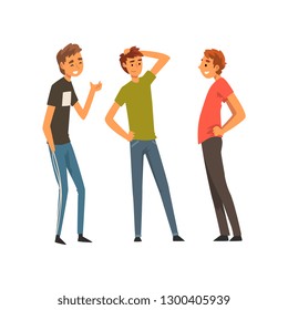 Three Smiling Best Male Friends Talking Together, Male Friendship Vector Illustration