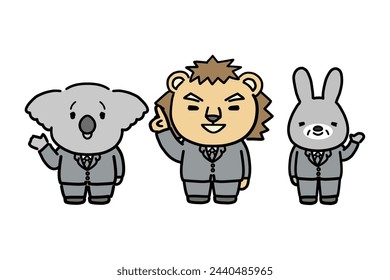 Three smiling businessmen animal characters giving directions.