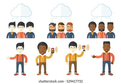 Three smiling businessmen connected to one cloud. Business people using cloud computing technology. Concept of cloud computing technology. Set of vector illustrations isolated on white background.