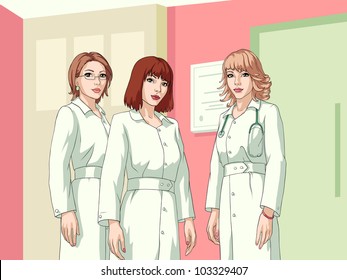 Three smiling cartoon nurses, reception wall as a background