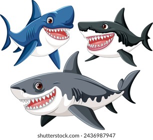Three smiling cartoon sharks in various poses