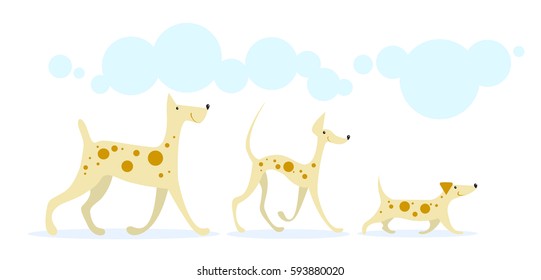 Three smiling cheerful dogs golden color in red spots running under the blue clouds. Isolated on a white background.