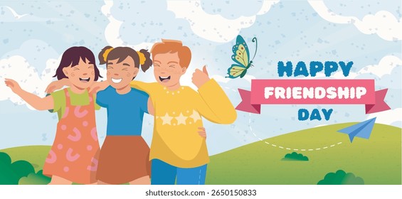 Three smiling children hugging joyfully in a scenic outdoor setting with clouds, butterfly, and paper plane, celebrating Friendship Day. Vector illustration