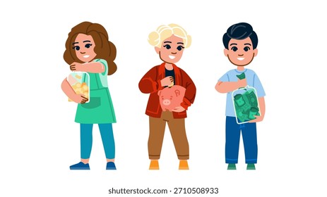 Guardar Tres niños sonrientes muestran maneras de, la niña deja caer monedas en un frasco, el niño agrega una moneda a una hucha, otro apila billetes en un recipiente de vidrio para el futuro