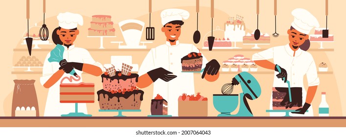 Three smiling confectionery cooks in uniform making cakes with showcase on background flat vector illustration