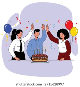 Três indivíduos sorrindo diversos, duas mulheres e um homem, comemorando com um bolo de chocolate, velas acesas, morangos, balões e confetes, levantando as mãos alegremente