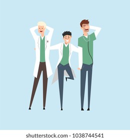 Three smiling doctors, hospital workers standing together vector Illustration on a light blue background
