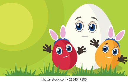 Three smiling eggs for easter, two wearing white bunny ears, raising their arms.
