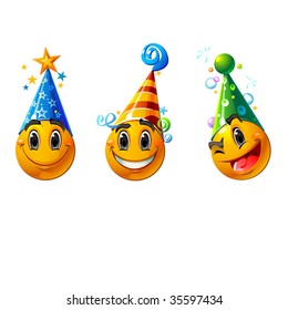 Three smiling faces in bright fun caps- vector file.