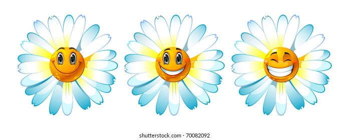 Three smiling faces - yellow and white camomiles. Yellow faces, eyes, mouths and white petals. Simple objects on white background.