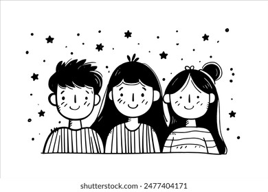 Tres amigos sonrientes bajo un cielo nocturno estrellado