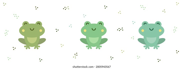 three smiling frogs icons in different shades of green, stock vector flat illustration isolated on white background. cartoon style poster 