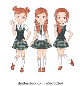 Three smiling happy girlfriends in school uniform. Vector isolated on white.