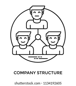 Three smiling human avatars attached with each other where one is leading the other two, structuring icon for company structure 