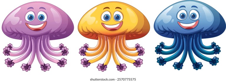 Three smiling jellyfish in vibrant colors