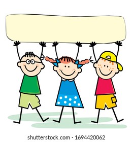 Three Smiling Kids With Banner, Two Boys And One Girl, Funny Vector Illustration