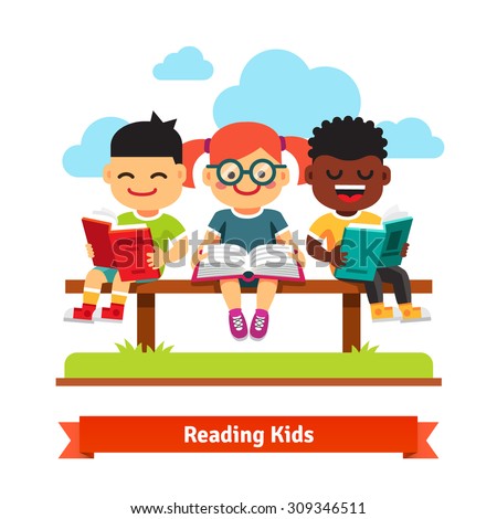Three smiling kids sitting on the bench and reading books. Flat style cartoon vector illustration isolated on white background.
