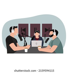 Three smiling men recording audio podcast,Radio host interviewing guest, mass media broadcasting isolated on white, Podcasting studio flat vector, online streaming show vector flat illustration.