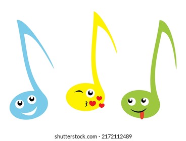 Three smiling music notes, crazy vector illustration, emoticon, emojji