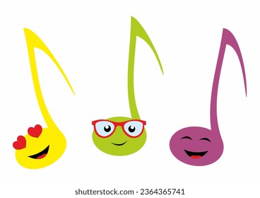 Tres notas musicales sonrientes, expresiones, emoji, ilustración vectorial de color loco, cabeza, anteojos, cara de sonrisa, fondo blanco, caricatura