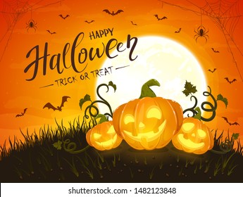 Three smiling pumpkins and lettering Happy Halloween on orange background with moon. Holiday card with Jack O Lanterns, bats and spiders. Illustration can be used for holiday cards  and banners.