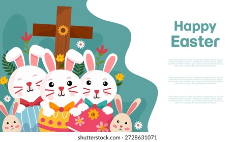 three smiling rabbits and small bunny with religious cross in nature setting