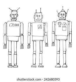 Three smiling robot. Line drawing.