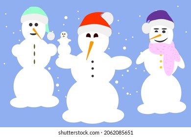 Three smiling snowmen and a small one in hand. Vector illustration , isolated on light blue background. Winter concept idea for the holidays.