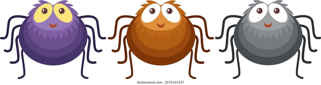 Three smiling spiders in purple, brown, gray