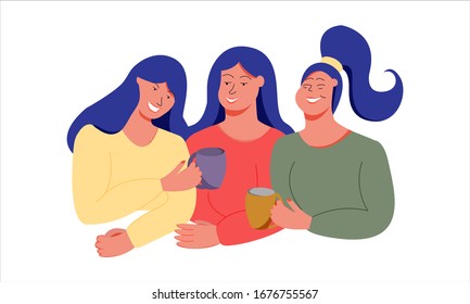 Three smiling women are drinking tea or coffee. Women Friendship. Live communication. Vector. Flat cartoon style. Isolated on a white background.