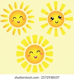 Three smiling yellow suns, beige background, round elements.