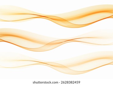 Três ondas abstratas douradas suaves sobre fundo branco, linhas dinâmicas fluidas para elementos de design vetorial moderno.