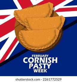 Three snacks named Cornish Pastry served on a wooden plate with British flag and bold text on blue background to celebrate Cornish Pasty Week on February in United Kingdom