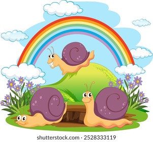 Three snails with a rainbow background