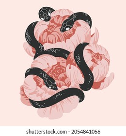 Three snake with flowers on pink background