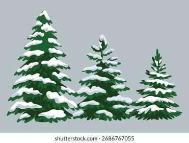 Três pinheiros cobertos de neve em pé juntos em uma silhueta de cenário de paisagem de inverno