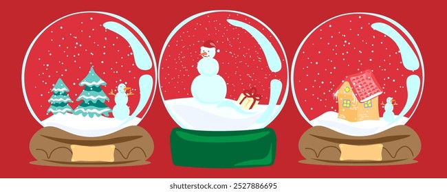 three snow globes on the red background, set, christmas present