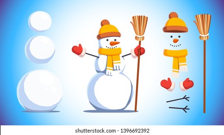 Three snowball snowman. Cute snow man with carrot nose wearing scarf, knitted hat, red mittens and holding broom. Flat vector character elements set illustration